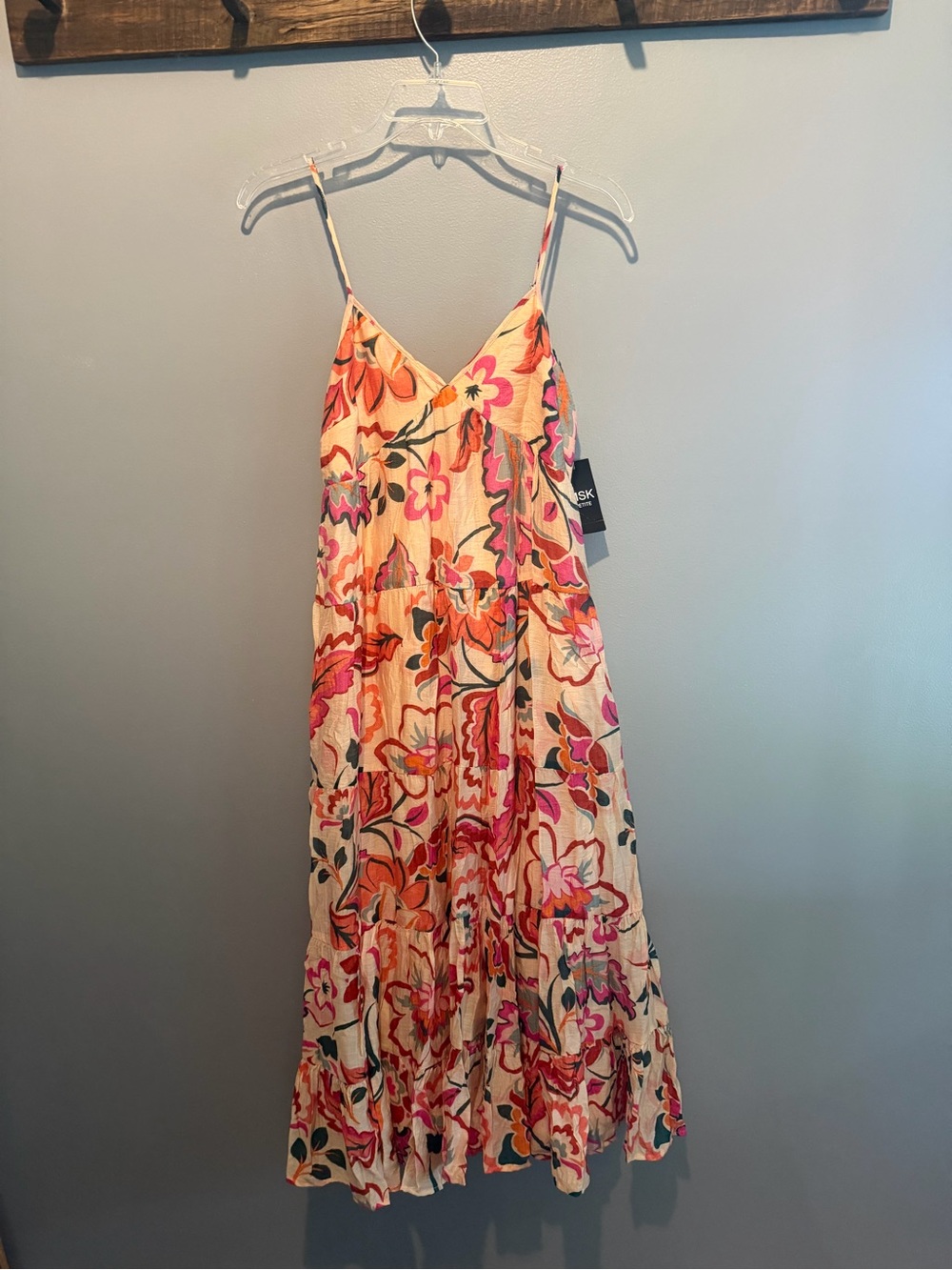 MSK Floral Spaghetti-Strap Maxi Dress in Cream, Pink and Orange